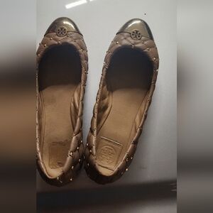 Tory Burch Brown Quilted Flats with Gold Cap Toe